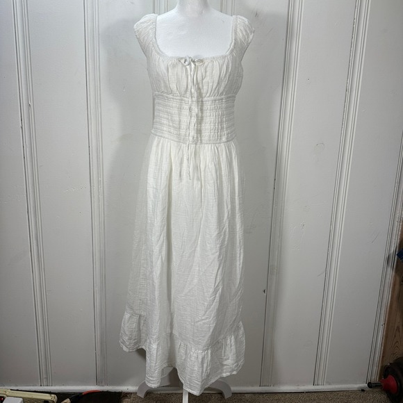 Japna Dresses & Skirts - Japna Midi Dress Womens Medium White Ruffle Smocked Cotton Gauze Cottagecore